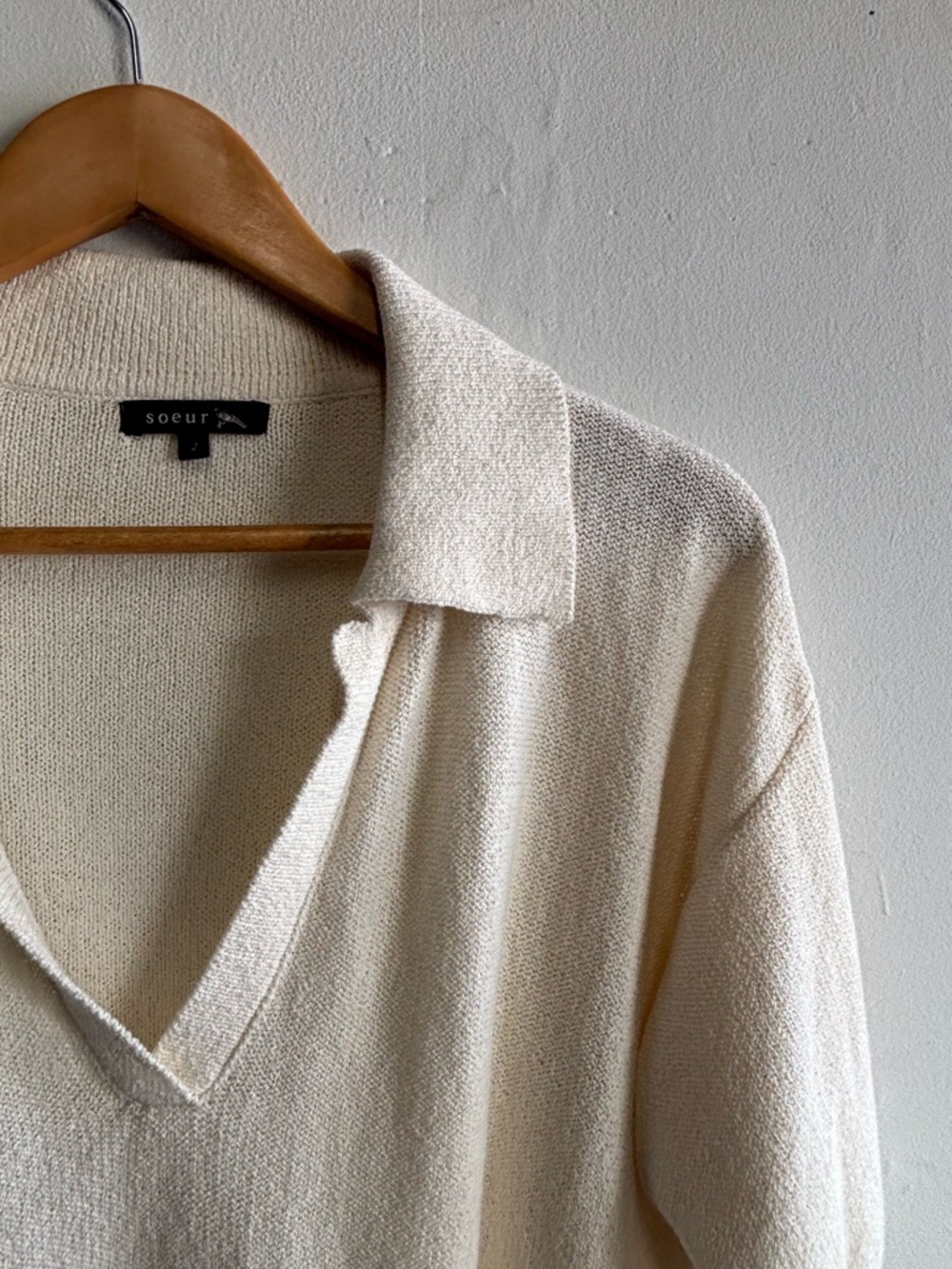 soeur Cream Ribbed Knit Polo Top